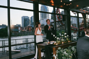 Wedding reception at an outdoor wedding venue with skyline views in Nashville