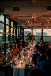Wedding reception at an outdoor wedding venue with skyline views in Nashville