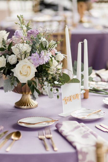 Purple and Gold Garden inspired Wedding Reception Table Setup {{brizy_dc_image_alt imageSrc=