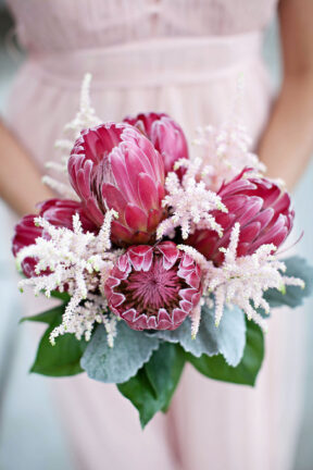 Unique bridesmaid bouquet with large pink protea flowers {{brizy_dc_image_alt imageSrc=