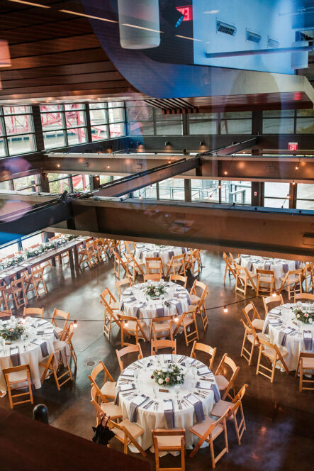 Bird's eye view of a romantic natural wedding reception setup at The Bridge Building, a downtown Nashville wedding venue