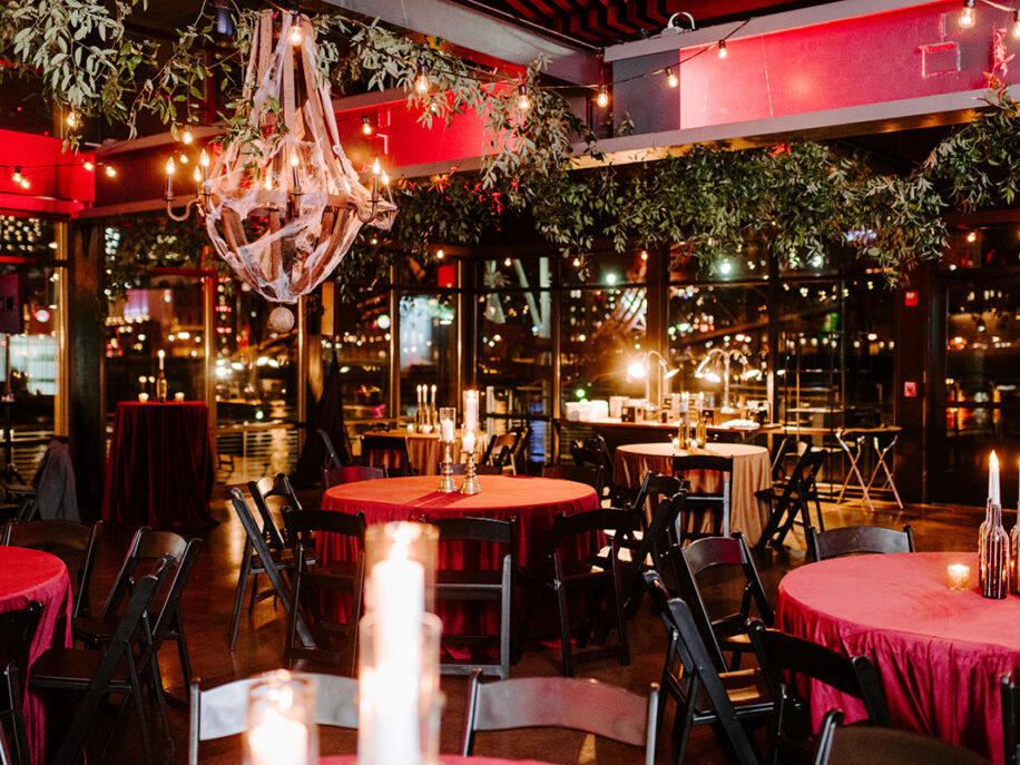 Red Uplighting and Table linens are Google Corporate Event